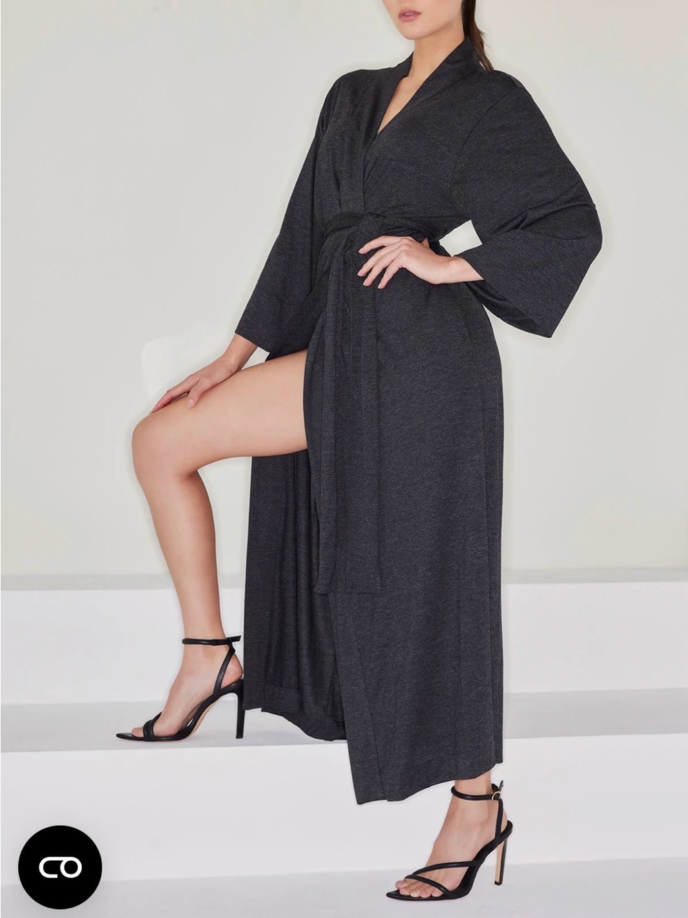 Natori Shangri La Black Long Kimono Robe with Waist Tie
